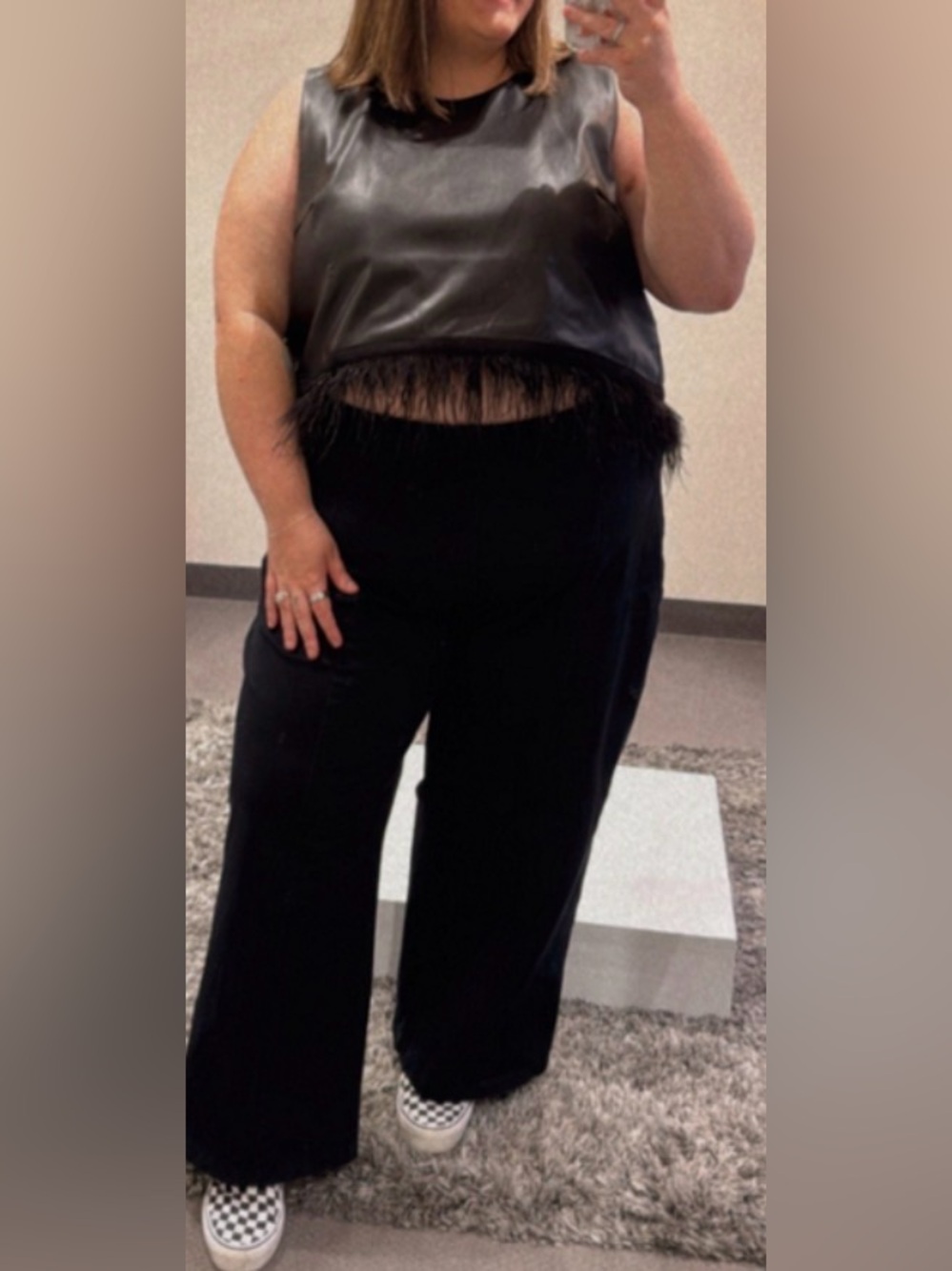 Anthropologie Hutch vegan leather tank top w/ ostrich feathers trim. Black. XL - Picture 4 of 9